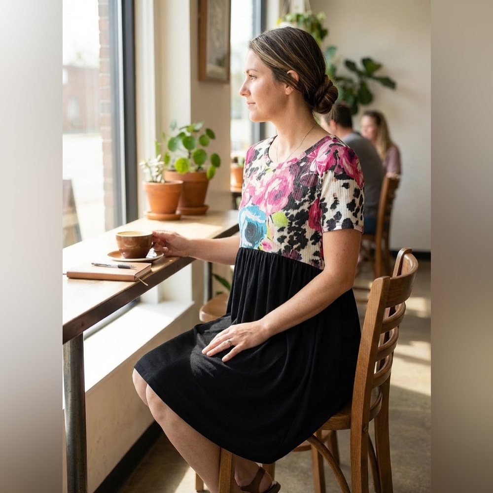 Floral Empire Waist Dress – Black Skirt Flowy Stretch Everyday Dress (NWT)